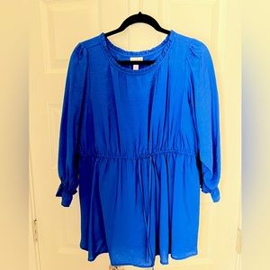 Beautiful blue maternity blouse with tie waist